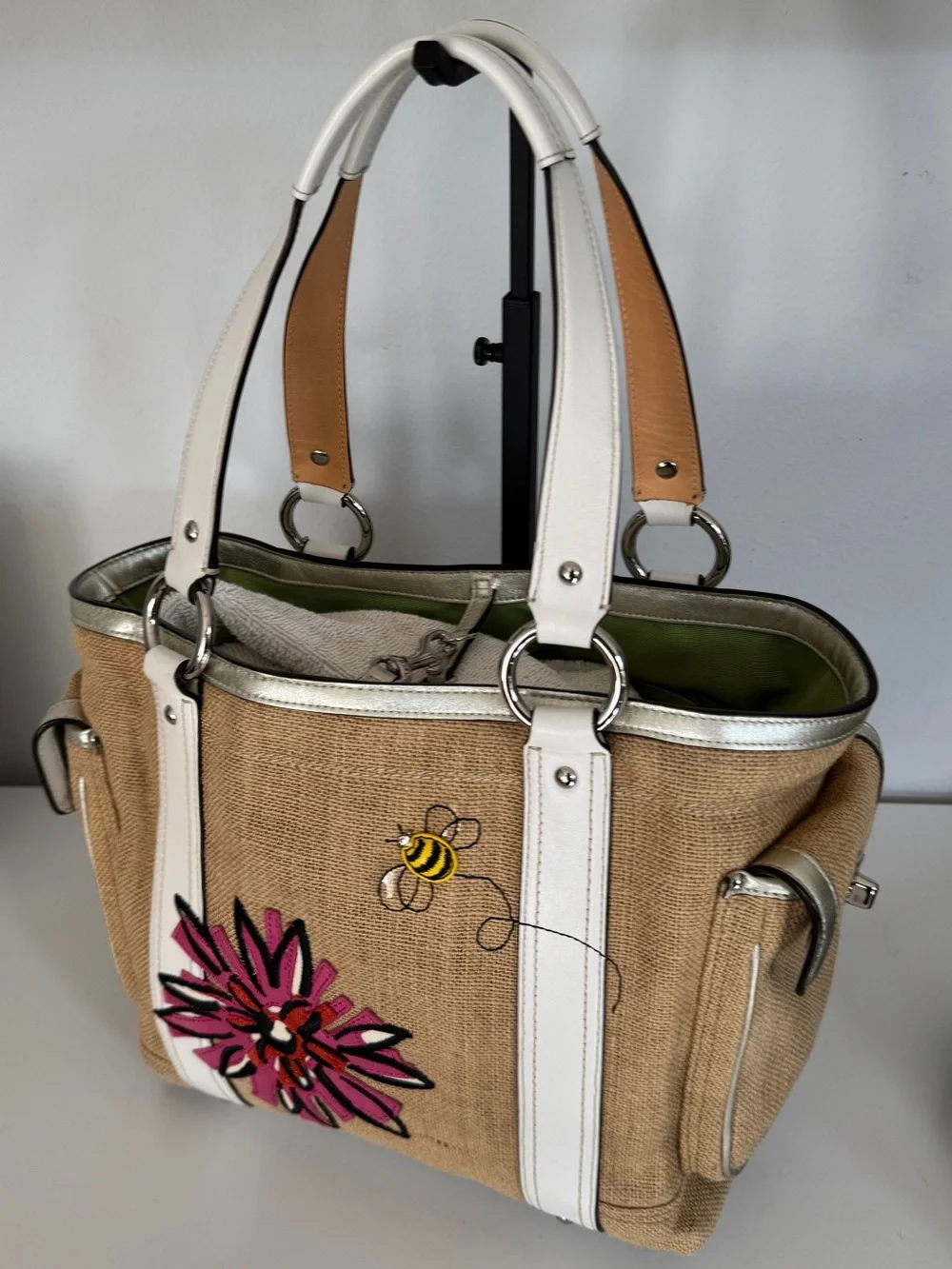 Coach Limited Edition Bumble Bee Floral Tote with White Trim and Green Interior